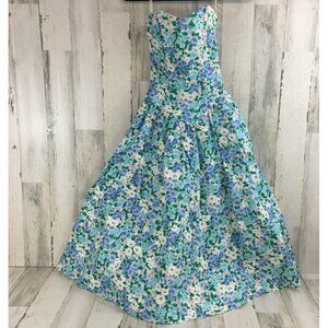 Vtg 80s Sz 4 Floral Boned Strapless Floral Party Dress Smocked Back Cottagecore